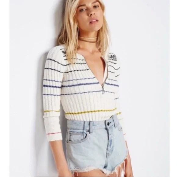 Free People multi colored STRIPED Henley ROSSI Ribbed Sweater Sz L - Picture 4 of 9